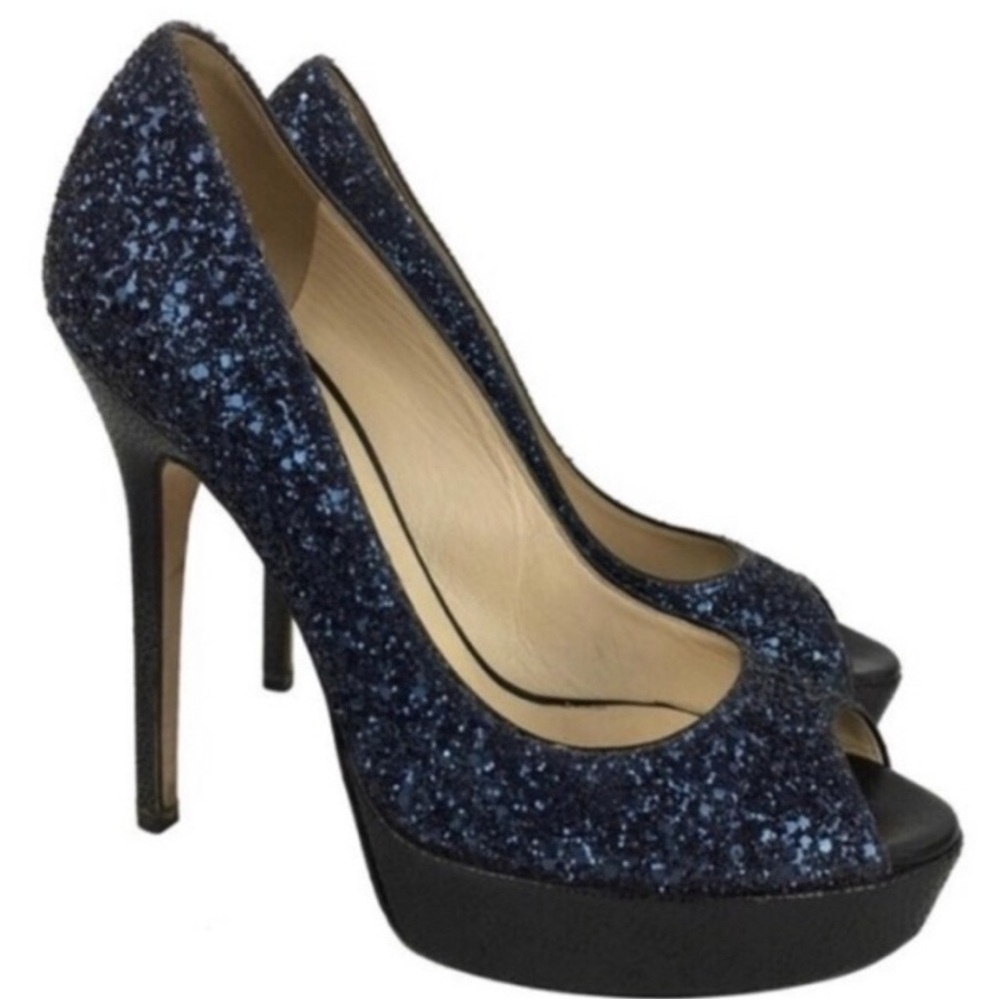 Jimmy Choo Blue Cosmic Glitter Peep Toe Heels